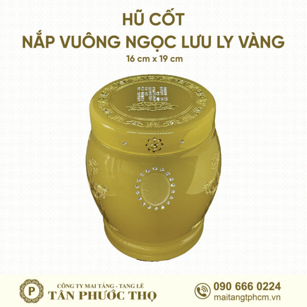 Hũ Cốt Ngọc Lưu Ly Vàng Nắp Vuông