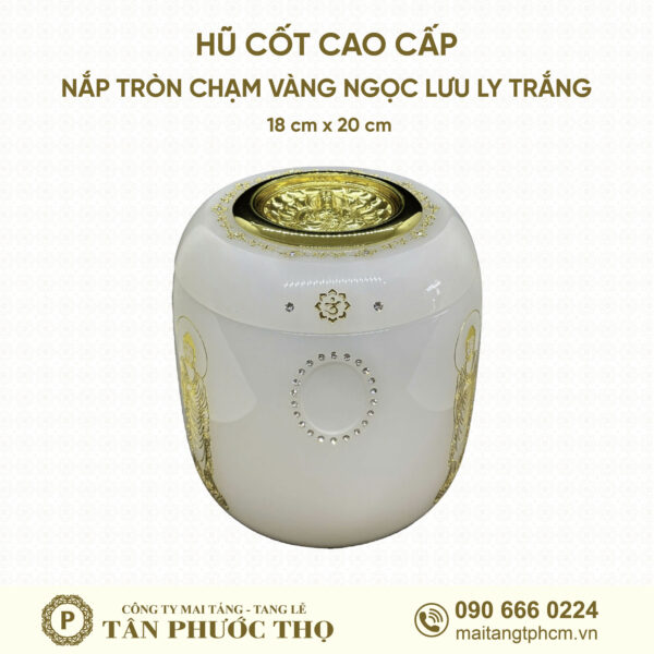 Hũ Cốt Cao Cấp Ngọc Lưu Ly Trắng Chạm Vàng